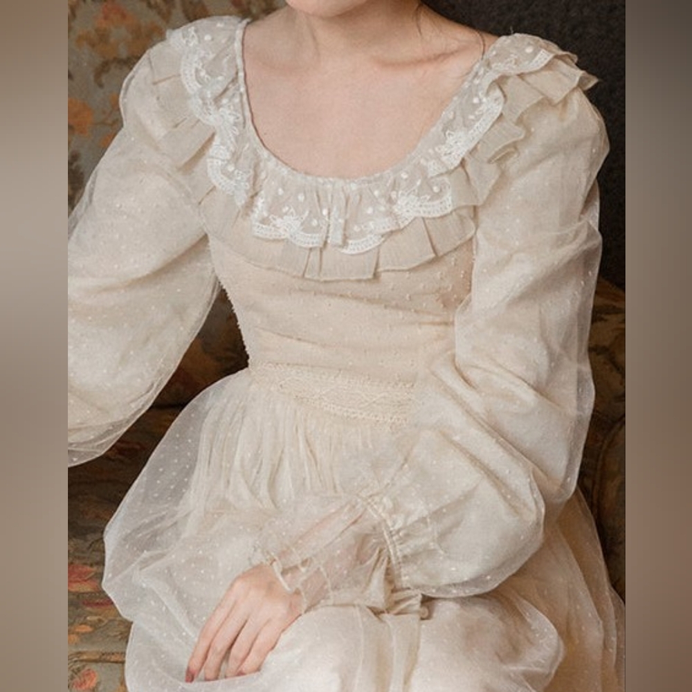 Cottagecore Look Cream Voile and Lace Midi Dress -never worn